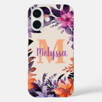 Purple and Orange Floral Watercolor Monogram Name