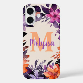 Purple and Orange Floral Watercolor Monogram Name iPhone 16 Case