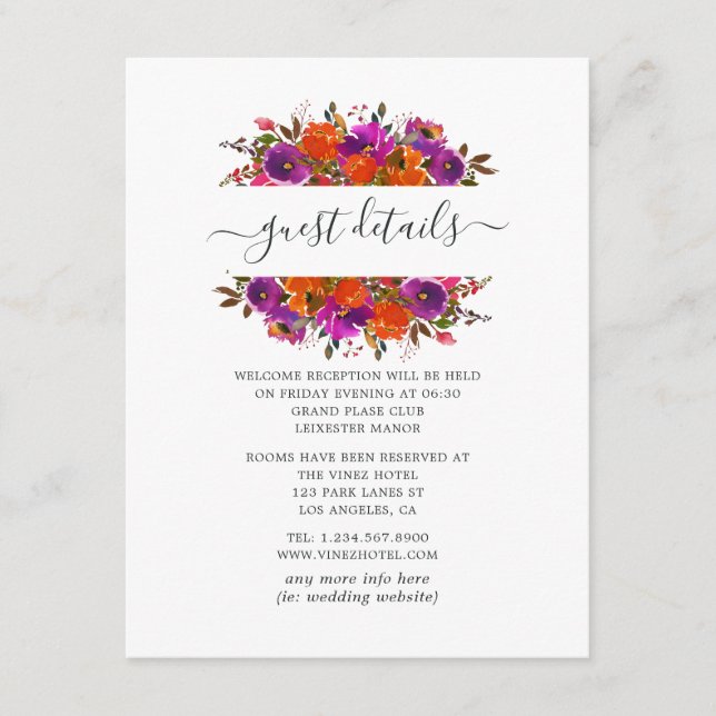 Purple and Orange Floral Wedding Guest Details Enclosure Card (Front)
