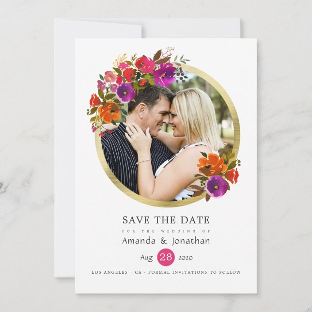 Purple and Orange Floral Wedding Photo Save The Date (Front)