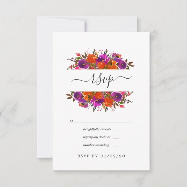 Purple and Orange Floral Wedding RSVP Card (Front)