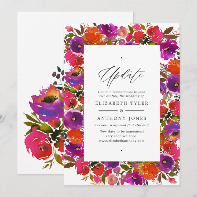 Purple and Orange Floral Wedding Update Invitation (Front/Back)