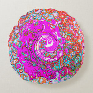 Purple and Orange Groovy Abstract Retro Swirl Round Cushion