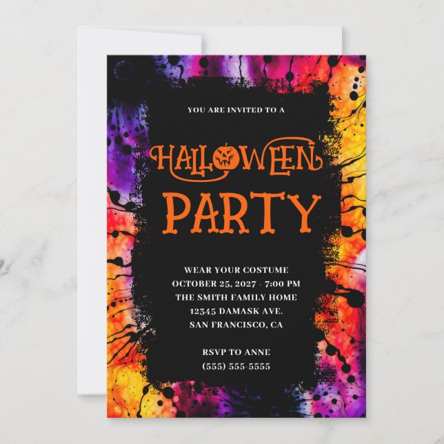 Purple and Orange Happy Halloween Tie Dye Invitation (Front)