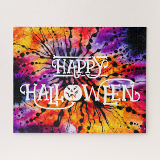 Purple and Orange Happy Halloween Tie Dye Jigsaw Puzzle
