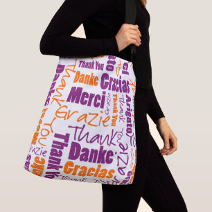 Purple and Orange Multilingual Thank You Crossbody Bag
