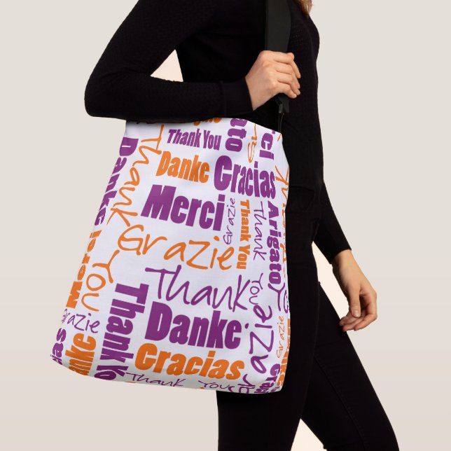 Purple and Orange Multilingual Thank You Crossbody Bag (Close Up)