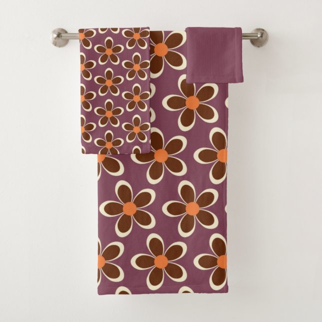 Purple and Orange Retro Flower Pattern  Bath Towel Set (Insitu)