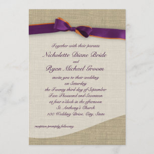 Purple and Orange Ribbon and Burlap Wedding Invitation