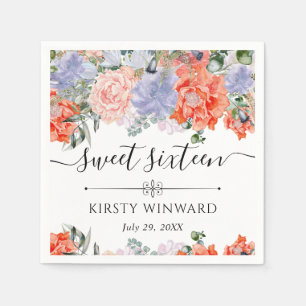 Purple and Orange Summer Flowers Sweet 16 Napkin