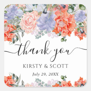 Purple and Orange Summer Flowers Wedding Square Sticker