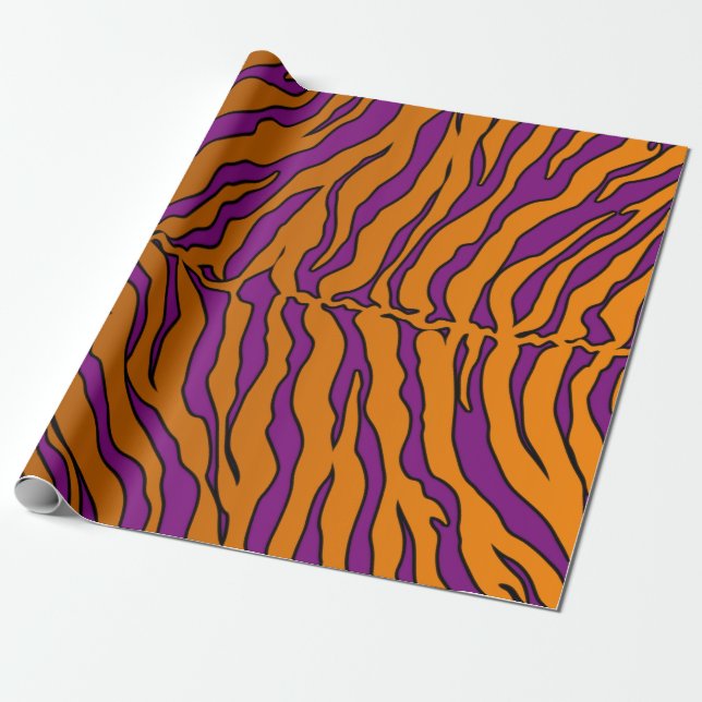 Purple And Orange Tiger Stripes Animal Print Wrapping Paper (Unrolled)