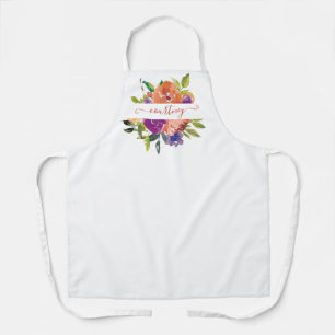 Purple and orange watercolor floral personalised  apron