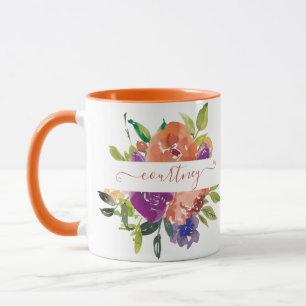 Purple and orange watercolor floral personalised mug