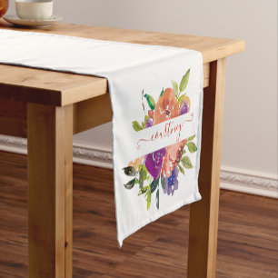 Purple and orange watercolor floral personalised short table runner