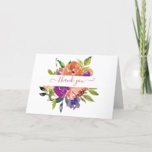 Purple and orange watercolor floral personalised   thank you card