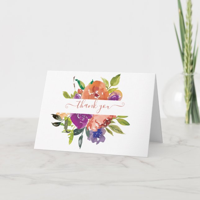Purple and orange watercolor floral personalised   thank you card (Front)