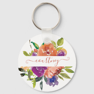 Purple and orange watercolor floral personalized key ring