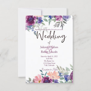 Purple and orange watercolor floral wedding invita invitation