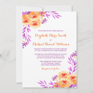 Purple and Orange Watercolor Floral Wedding Invitation