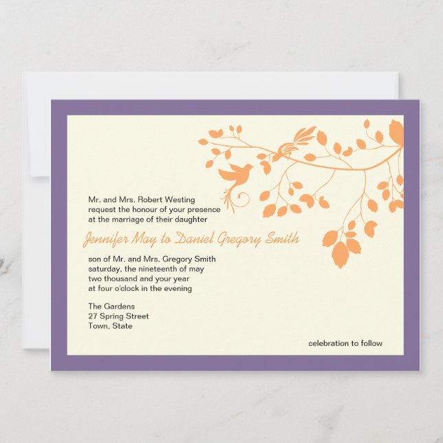 Purple And Orange Wedding Invitations Love Birds (Front)
