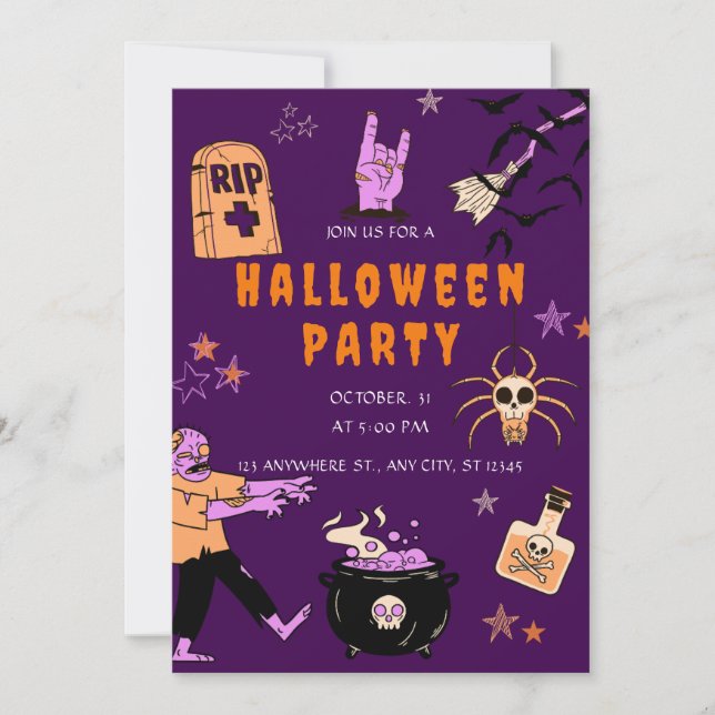 Purple and Orange Wicked Cute Halloween Party Invitation (Front)