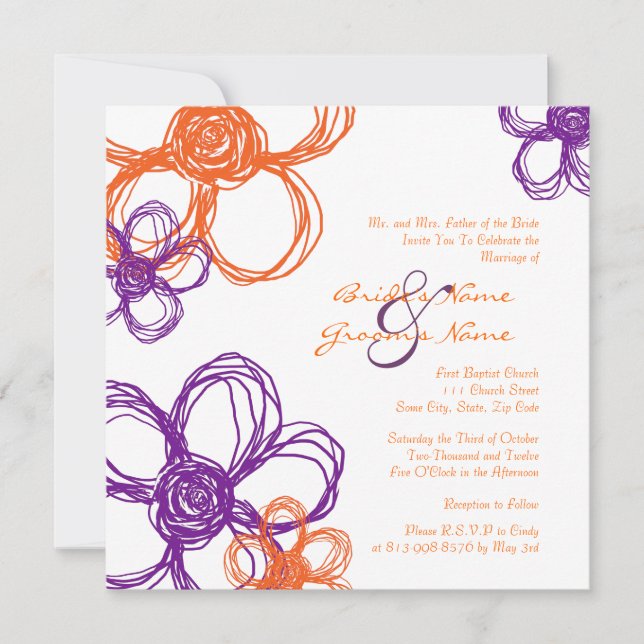 Purple and Orange Wild Flowers Wedding Invitation (Front)