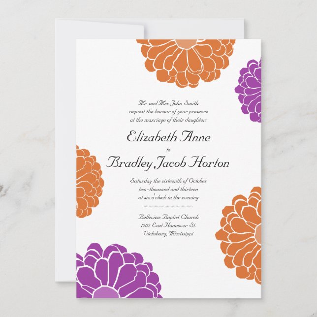 Purple and Orange Zinnia Flower Wedding Invitation (Front)