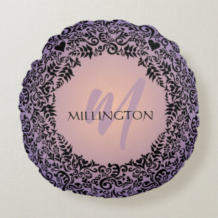 Purple and Peach Damask Monogram Round Cushion