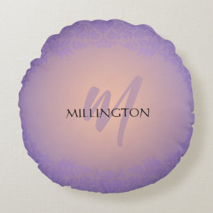 Purple and Peach Damask Monogram Round Cushion