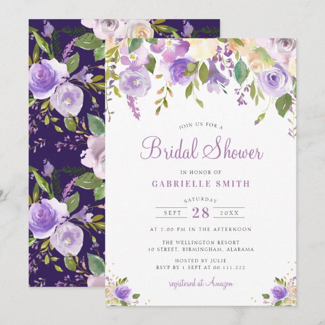 purple and peach floral bridal shower invitation (Front/Back)
