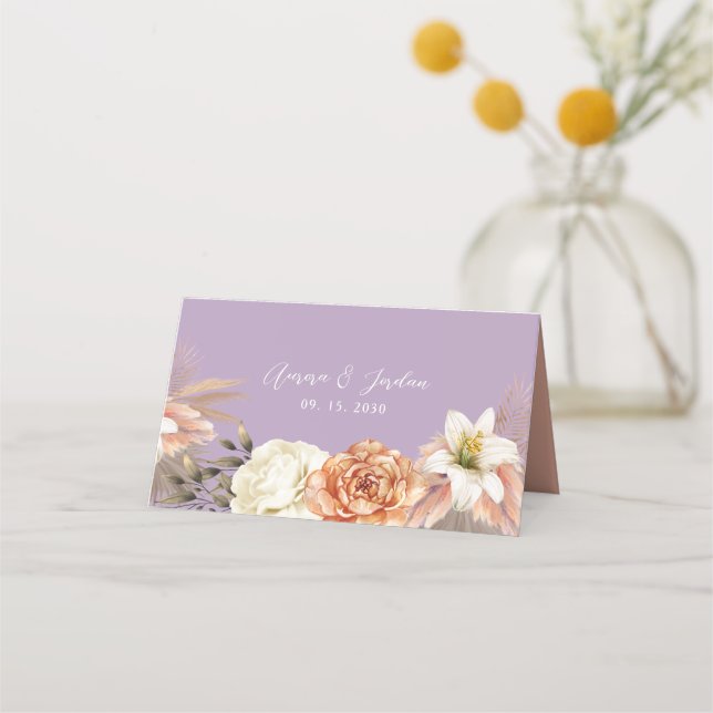 Purple and Peach Floral Wedding Place Card (Back)