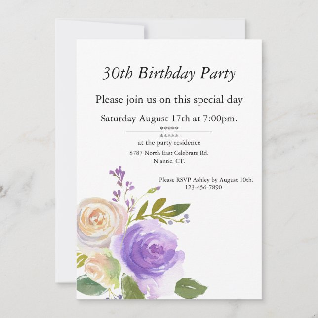 Purple and Peach Watercolor, Customisable Birthday Invitation (Front)