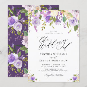 purple and peach watercolor floral wedding invitation