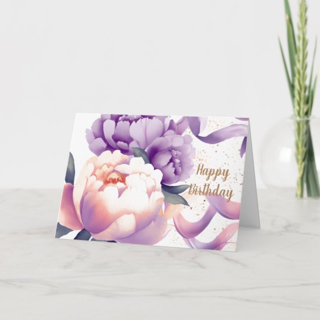 Purple and Peach Watercolor Peony Birthday Card (Front)
