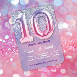 Purple and Pink 10th Birthday Balloon Invitation