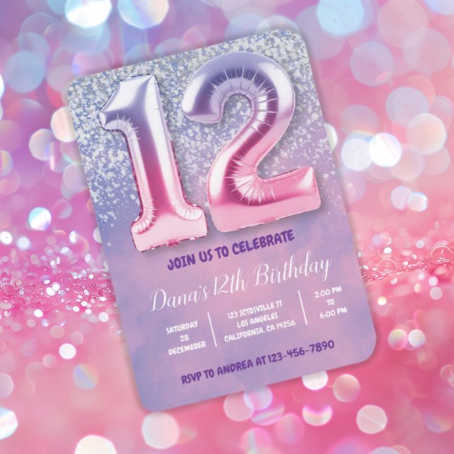 Purple and Pink 12th Birthday Balloon  Invitation (Creator Uploaded)