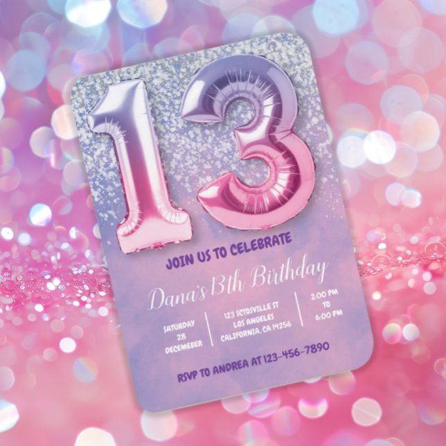 Purple and Pink 13th Birthday Balloon  Invitation (Creator Uploaded)