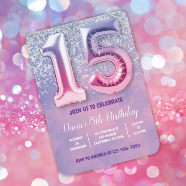 Purple and Pink 15th Birthday Balloon  Invitation (Creator Uploaded)