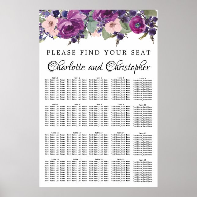 Purple and Pink 20-Table Wedding Seating Chart (Front)