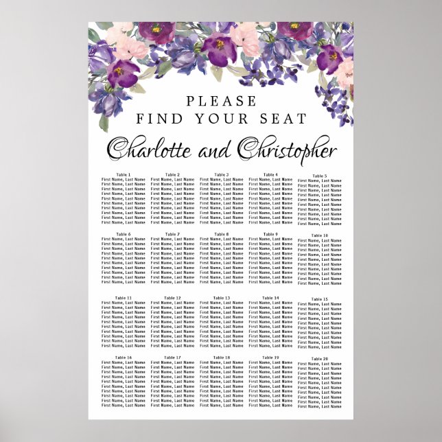 Purple and Pink 20-Table Wedding Seating Chart (Front)