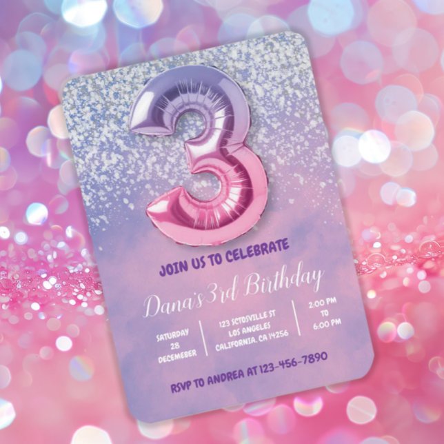 Purple and Pink 3rd Birthday Balloon  Invitation (Creator Uploaded)