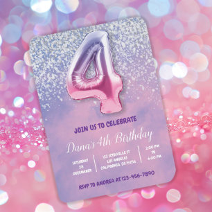 Purple and Pink 4th Birthday Balloon  Invitation