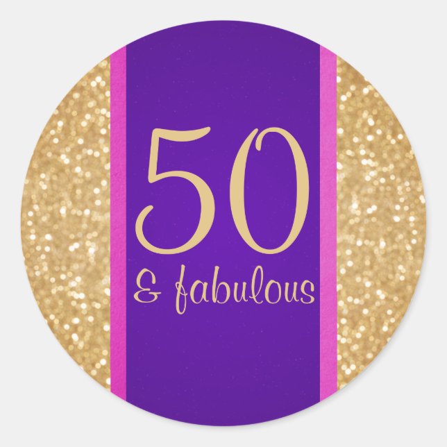 Purple and Pink 50 & Fabulous 50th Birthday Classic Round Sticker (Front)