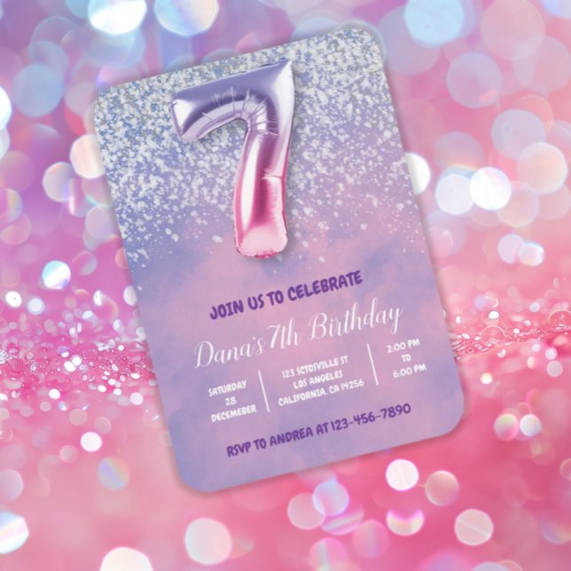 Purple and Pink 7th Birthday Balloon  Invitation (Creator Uploaded)