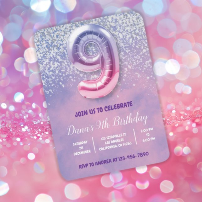 Purple and Pink 9th Birthday Balloon  Invitation (Creator Uploaded)