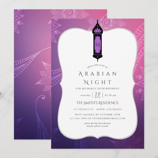 Purple and Pink Arabian Nights Themed Party Invitation (Front/Back)