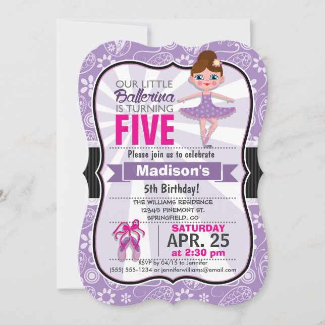Purple and Pink Ballerina Birthday Party Invite (Front)