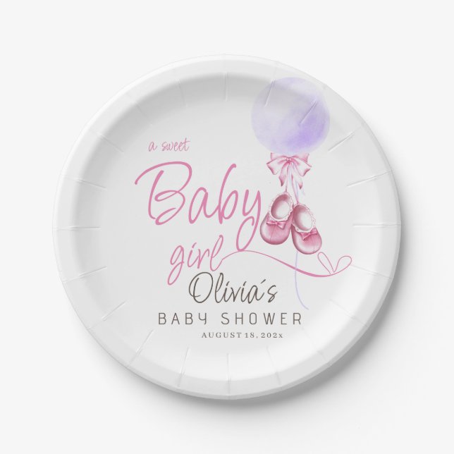 Purple and Pink Balloon Baby Girl Baby Shower  Paper Plate (Front)
