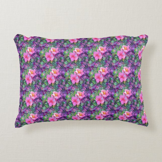 Purple and pink botanical floral pattern  decorative cushion (Front)